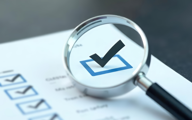 Vergrößerte Ansicht einer Kontrollkästchen-Liste mit einem Häkchen unter einer Lupe.