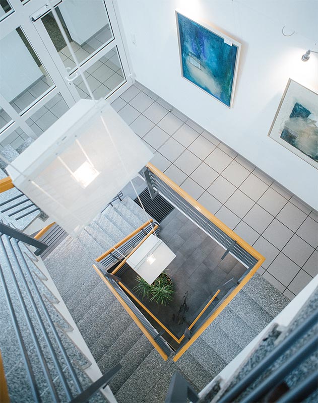 Blick auf eine helle Treppe mit Holzgeländer, Pflanzen und modernen Kunstwerken an den Wänden.