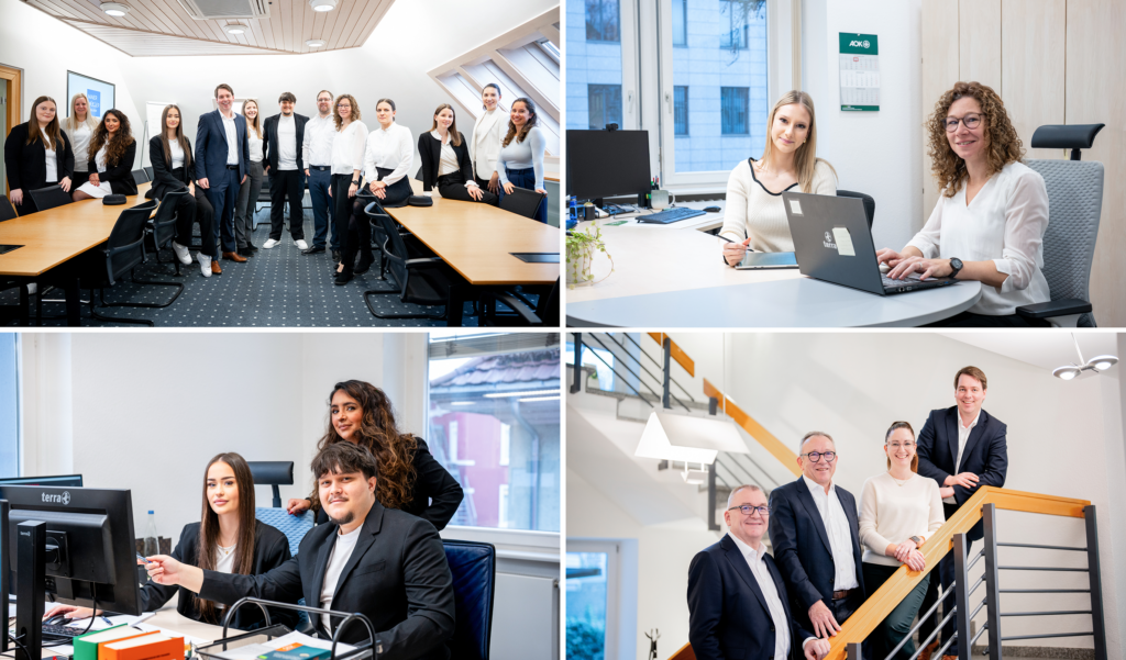 Collage aus vier Bildern: Team im Büro, Mitarbeiter an Schreibtischen, Einzelpersonen bei der Arbeit und Gruppenfoto.