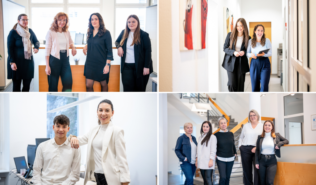 Eine Collage von vier Bildern zeigt ein Team von Frauen und einem Mann in einem modernen Bürosetting.